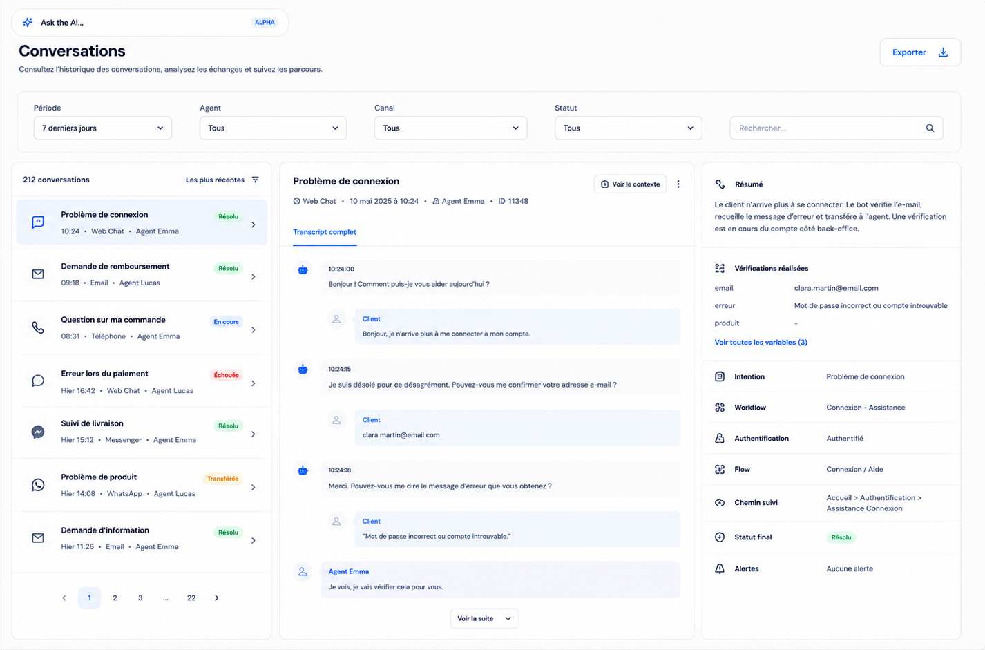 NEXTCALL conversations view with full transcript, summary and audit trail