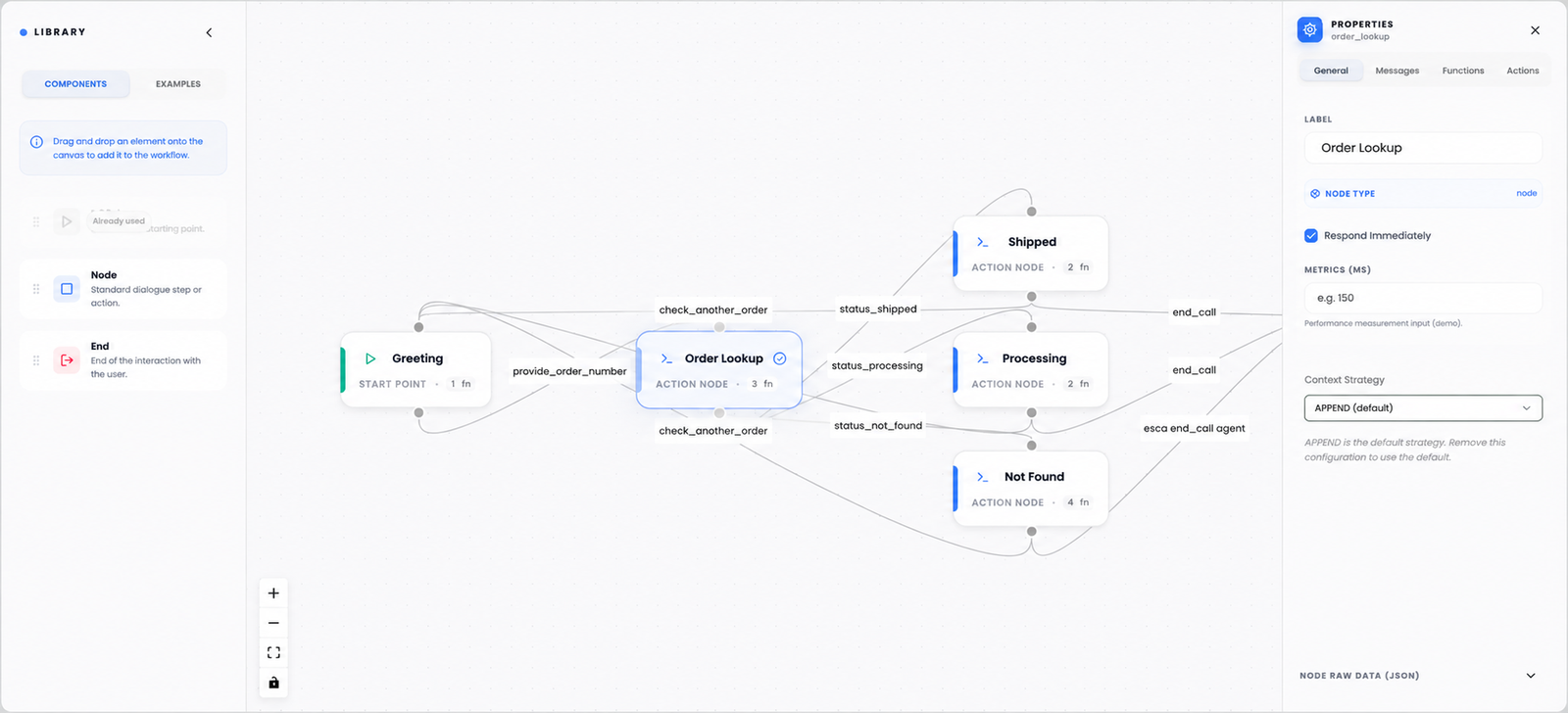 NEXTCALL visual workflow builder with nodes and properties panel