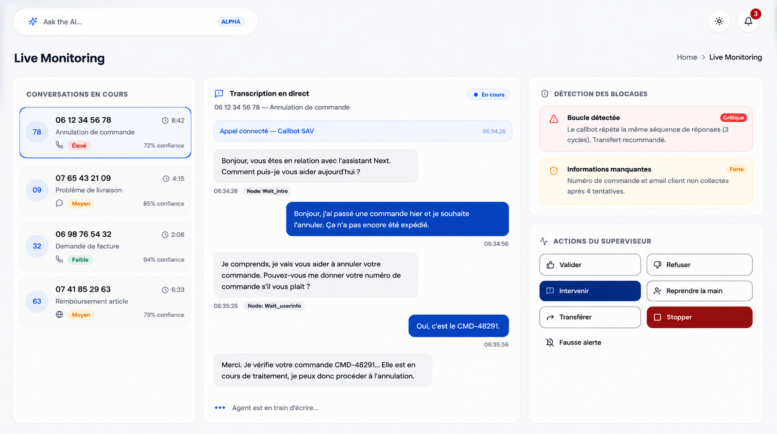 NEXTCALL live monitoring with real-time transcript, blockage detection and supervisor actions